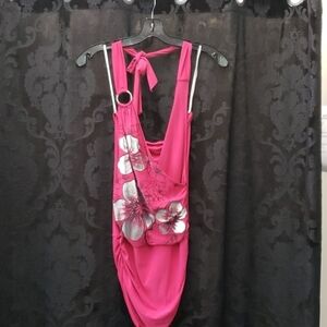 Fuchsia/Silver Foil Flower Halter Tunic Top/Dress